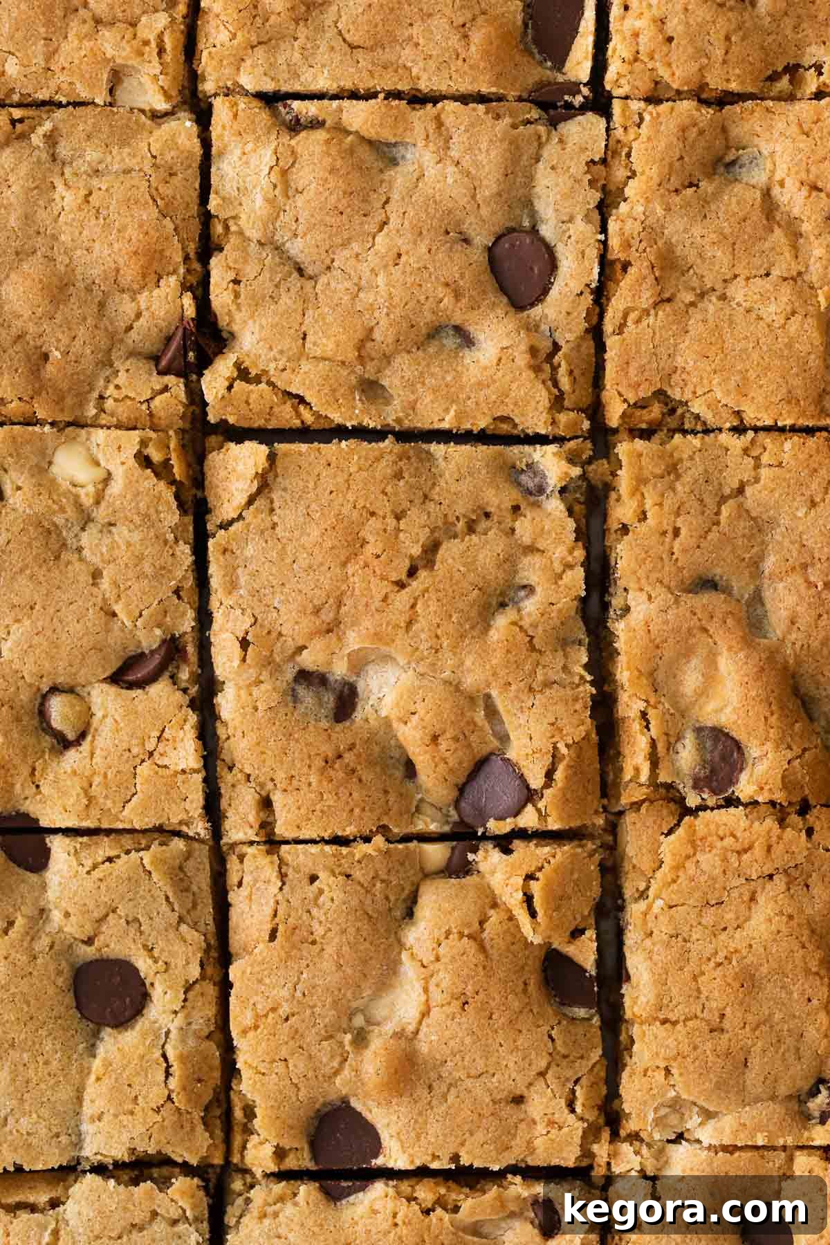 A close-up view of perfectly sliced gluten-free blondies arranged in a sheet pan, showcasing their golden-brown edges and soft, chewy centers.