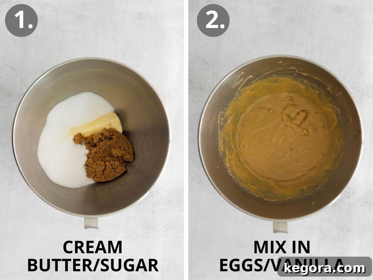 Two images side-by-side: one showing dry and wet ingredients being added to a mixing bowl for blondies, and the other showing all ingredients thoroughly combined into a smooth blondie batter.