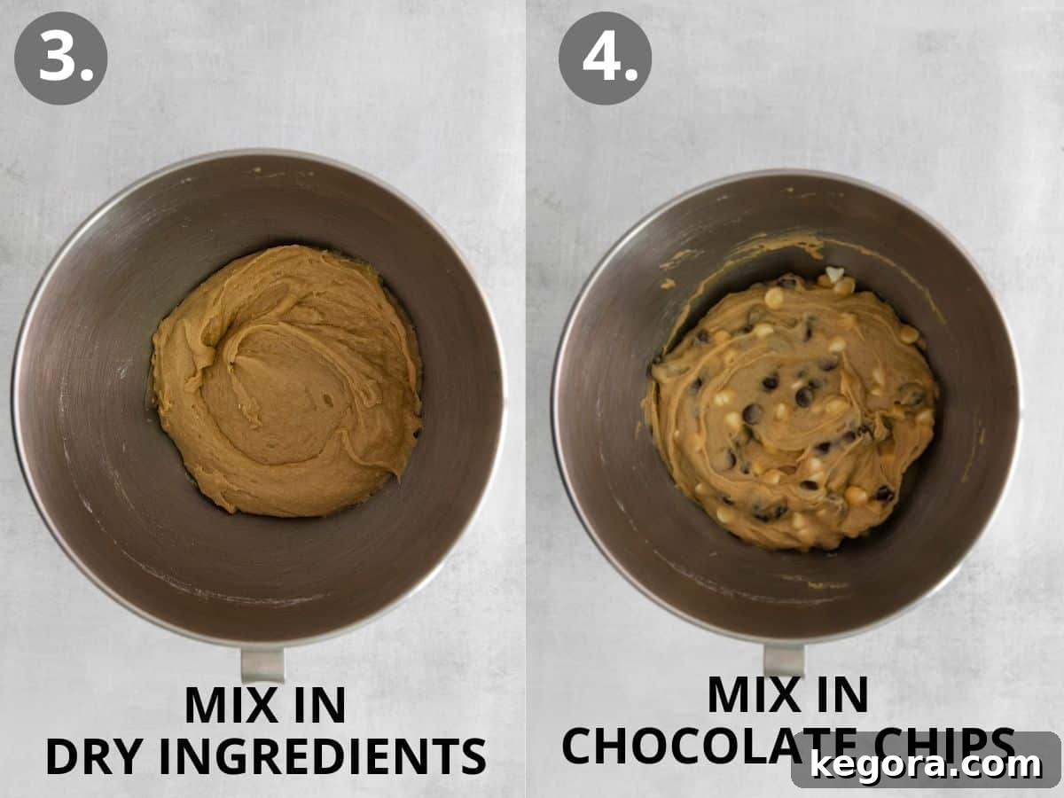 Two images side-by-side: one showing dry ingredients being sifted into a bowl and another displaying blondie batter with chocolate chips and nuts mixed in.