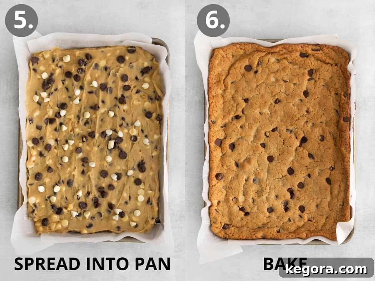 Two images side-by-side: one showing blondie dough spread evenly into a baking sheet, and the other showing baked blondies in the same sheet pan, golden brown and ready to cool.