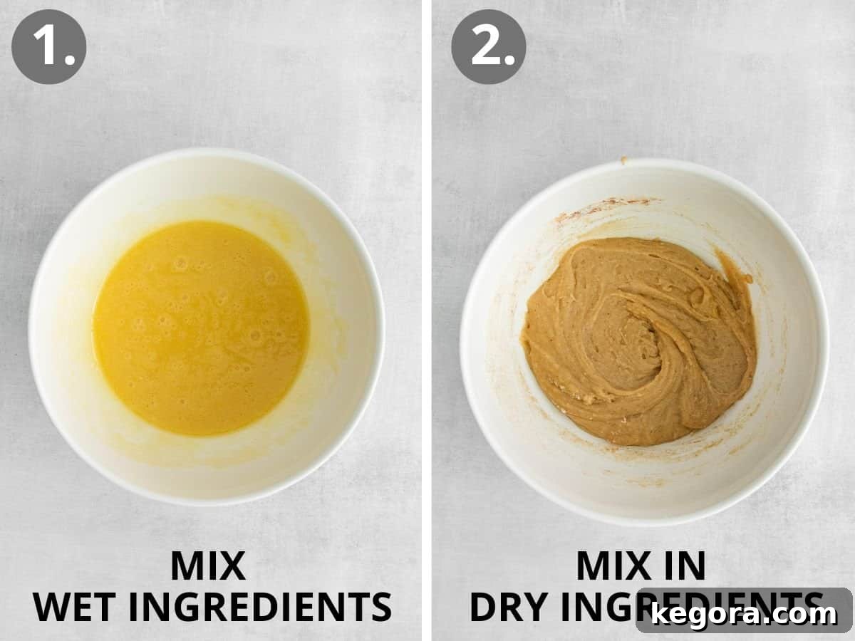 Two images side by side: one showing wet ingredients for zucchini muffins in a bowl, and the other showing wet and dry ingredients combined in a bowl before mixing, illustrating the initial mixing steps.