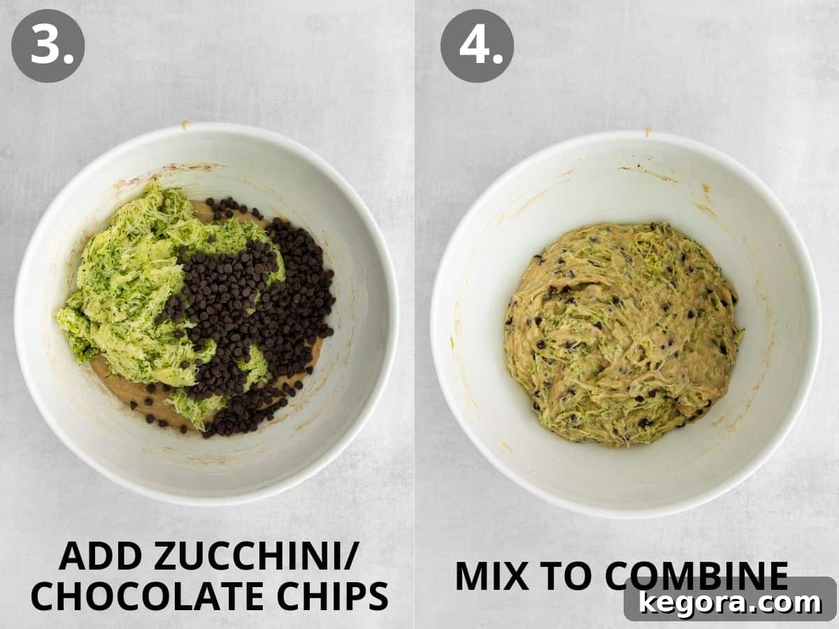 Two images side by side: one showing mini chocolate chips and finely shredded zucchini being folded into the muffin batter, and the other displaying the fully mixed gluten-free zucchini muffin batter in a bowl, ready for the pan.
