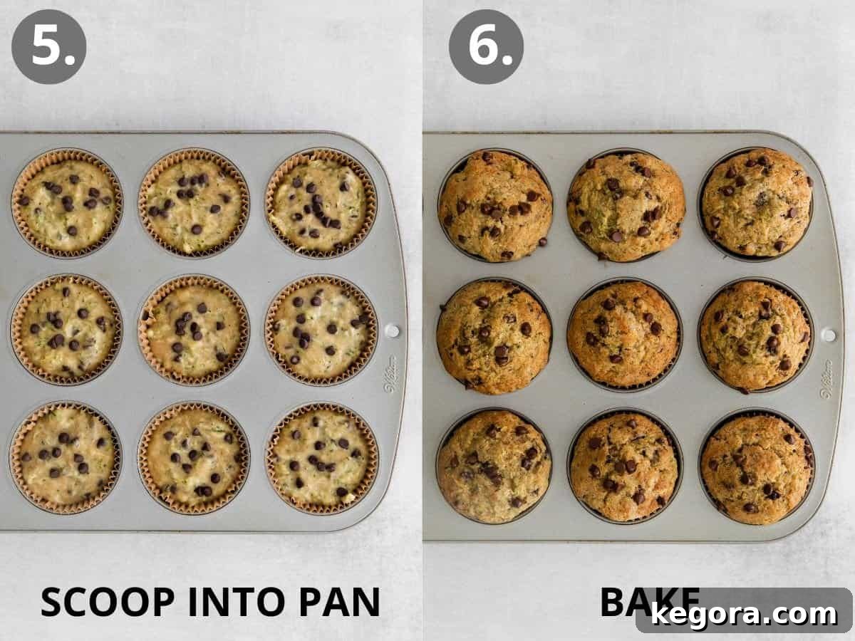 Two images side by side: one showing gluten-free zucchini muffin batter neatly scooped into a muffin tin ready for baking, and the other presenting a batch of beautifully golden-brown baked zucchini muffins fresh out of the oven in the tin.