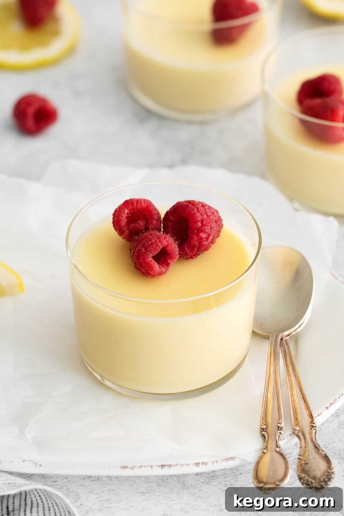 Lemon posset in elegant glass dishes, garnished with fresh raspberries, showcasing its smooth texture and refreshing appeal.