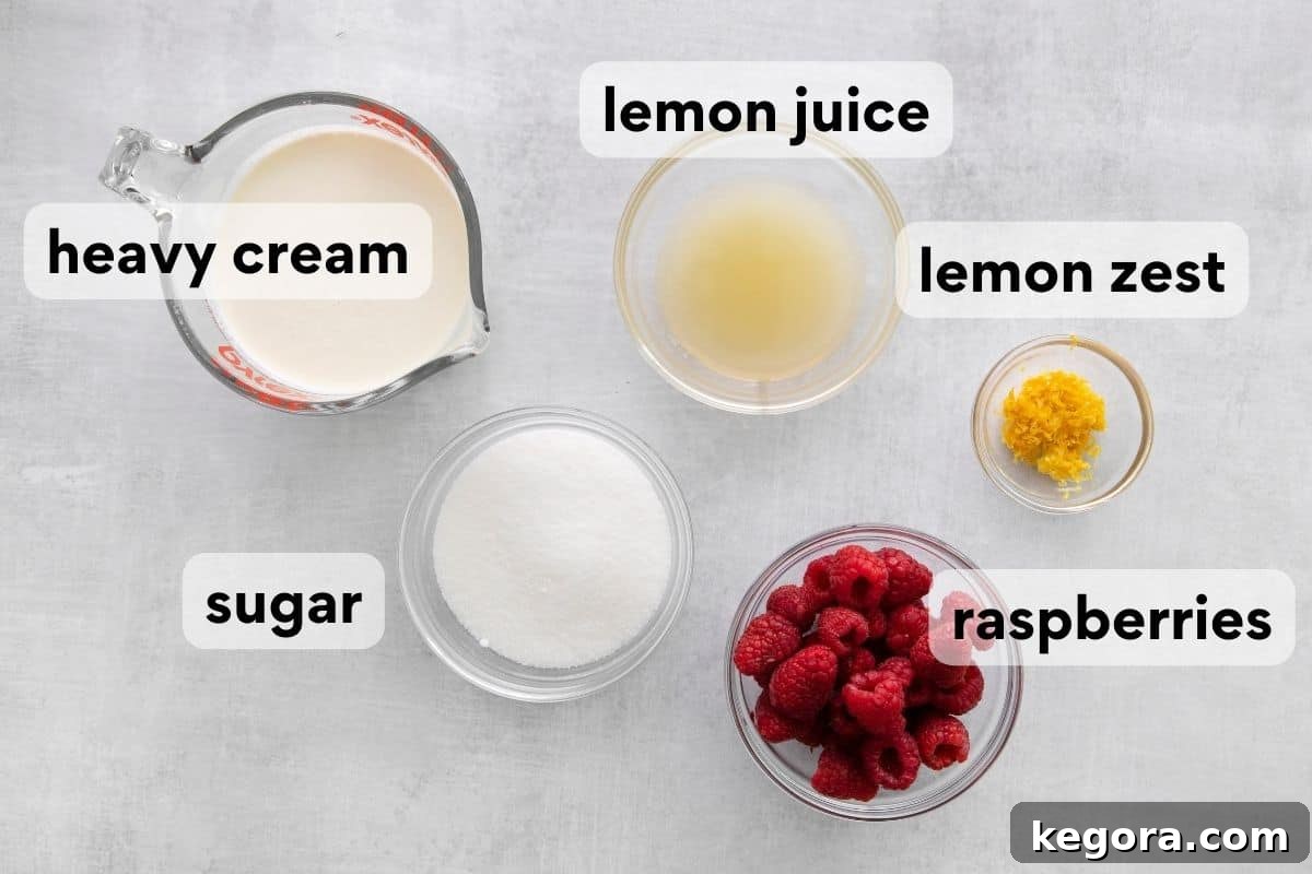 Ingredients for lemon posset meticulously measured and laid out, including heavy cream, sugar, lemons, and fresh berries for garnish.