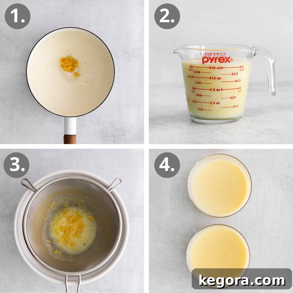 Collage of step-by-step images showing the process of making lemon posset, from combining ingredients to pouring into ramekins.