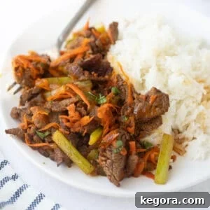shot of beef stir fry on white plate with rice