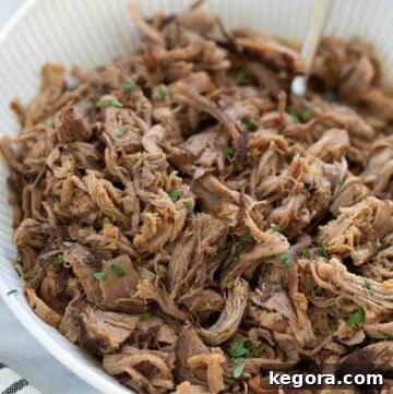 shredded pork tenderloin in white bowl topped with cilantro on marble background