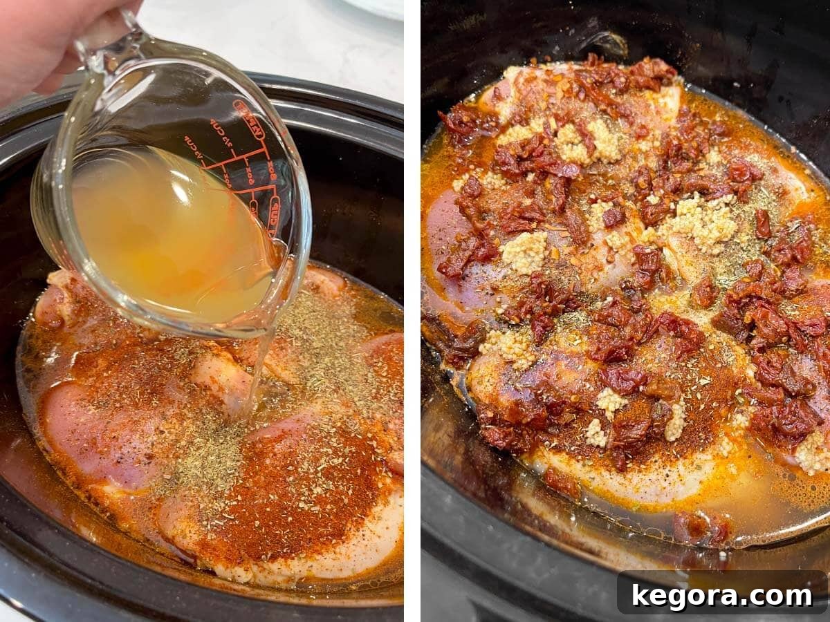 Effortless Slow Cooker Marry Me Chicken 6 Pouring chicken broth over seasoned chicken, then adding minced garlic and chopped sun-dried tomatoes.