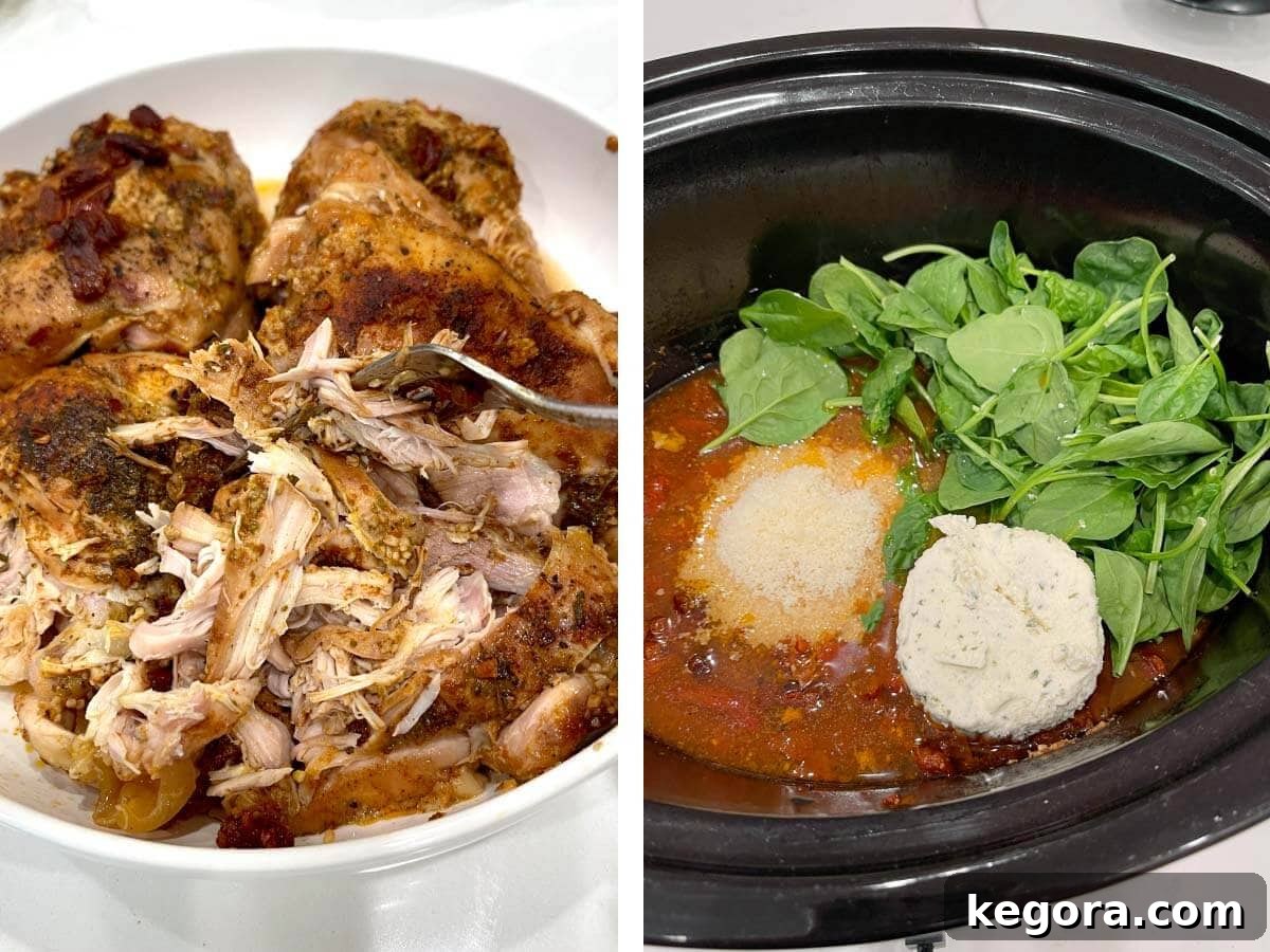 Effortless Slow Cooker Marry Me Chicken 7 Shredding cooked chicken in a bowl, then adding Parmesan, spinach, and Boursin cheese to the crockpot sauce.