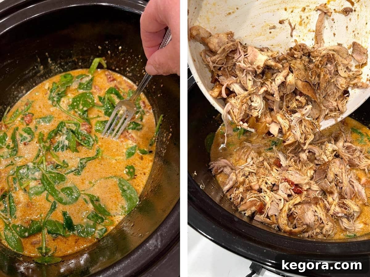 Effortless Slow Cooker Marry Me Chicken 8 Whisking ingredients in the crockpot to melt cheese, then stirring shredded chicken back into the creamy sauce.