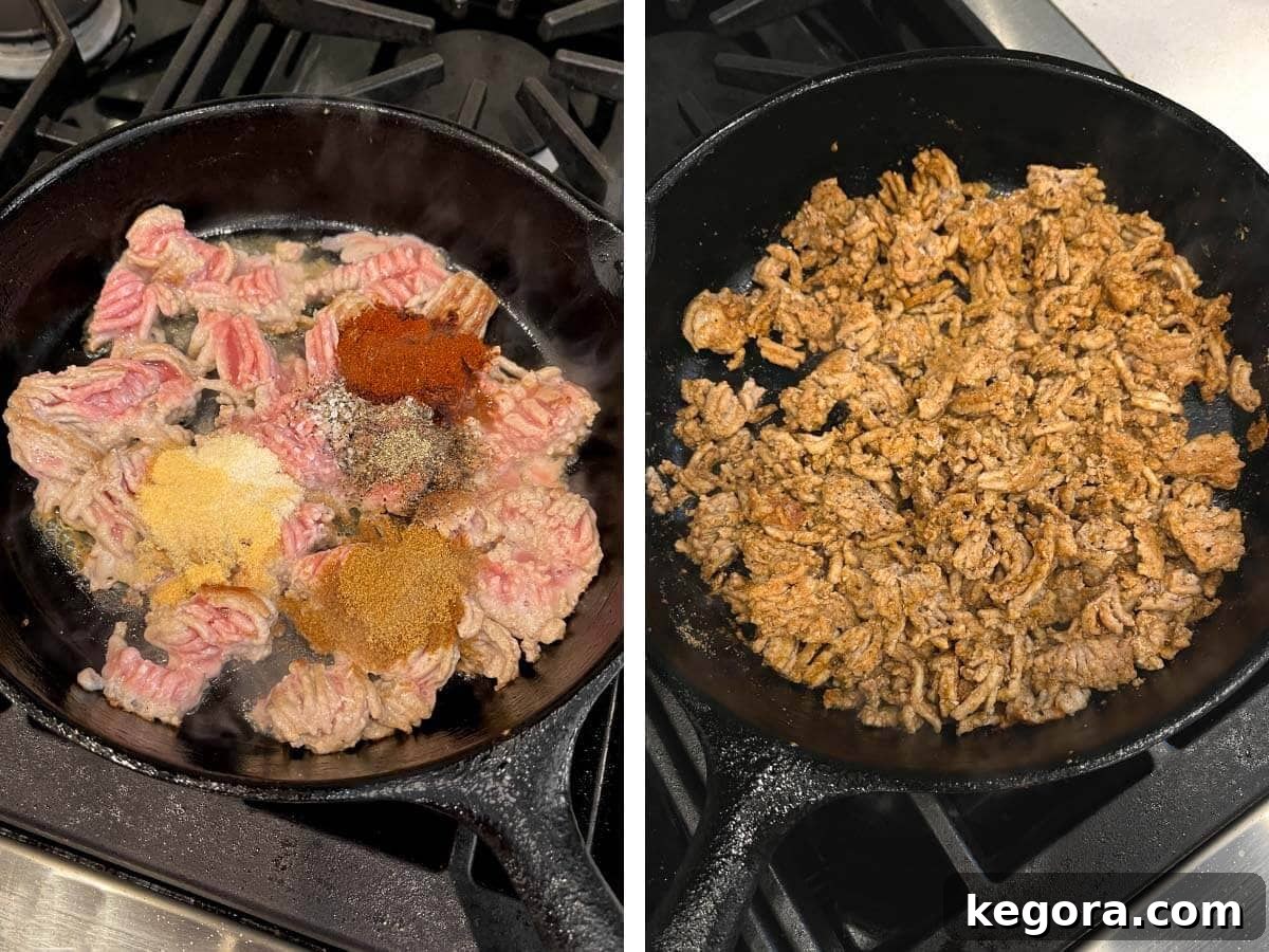 meat in skillet with spices cooking, meat all cooked.