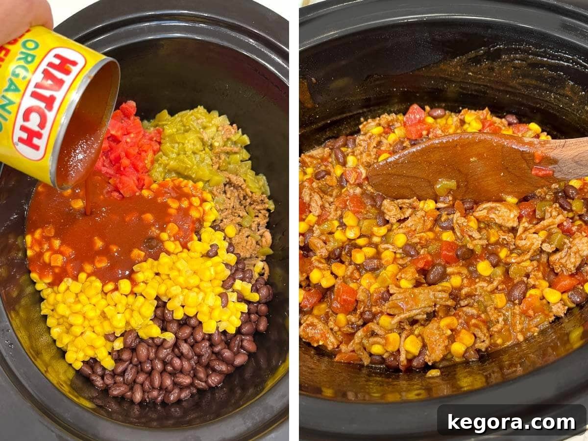 veggies and sauce on meat in crock, meat mixture stirred.