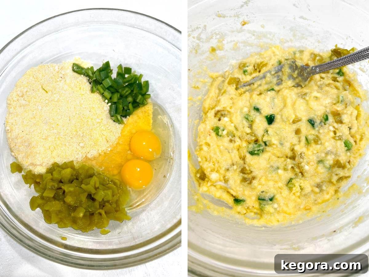 glass bowl with cornbread mix and eggs, cornbread mixture stirred.