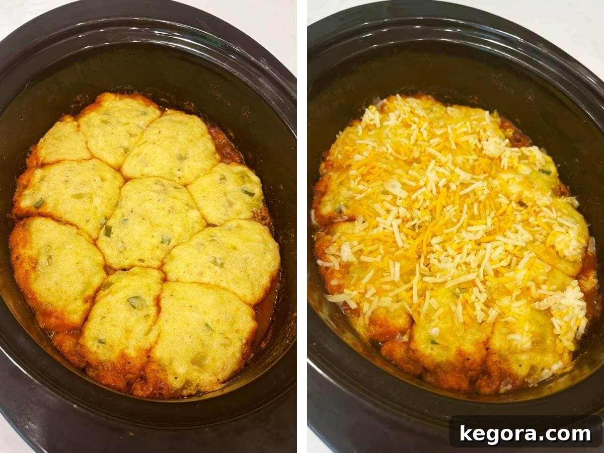 cooked cornbread topping on tamale pie in crock, cheese added to top.