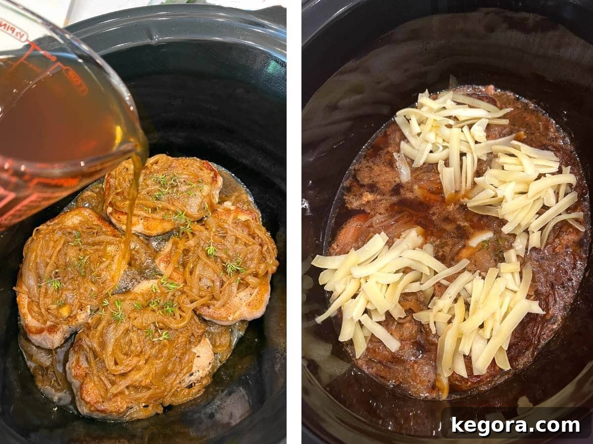 Beef broth being poured over pork chops and onions in a slow cooker, followed by melted cheese on cooked pork chops.