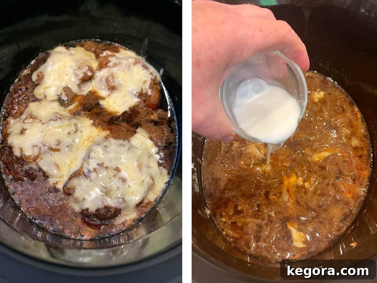 Melted cheese on cooked pork chops in a slow cooker, with cornstarch slurry being poured into the remaining broth.
