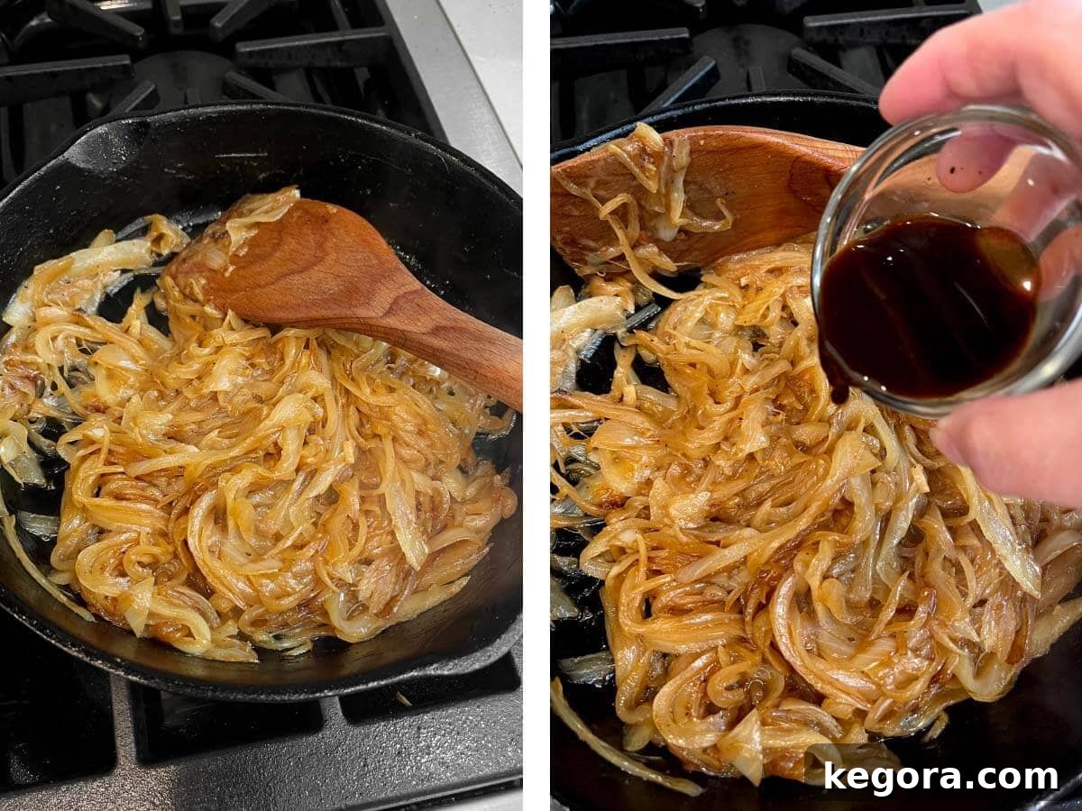Caramelized onions in a skillet with Worcestershire sauce being added and stirred in.