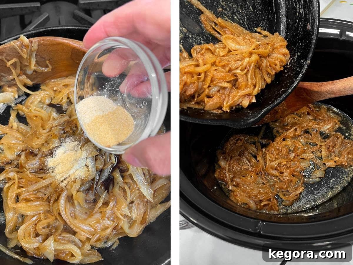 Onion powder and garlic powder being added to onions in a skillet, then the cooked onions being transferred to a slow cooker.