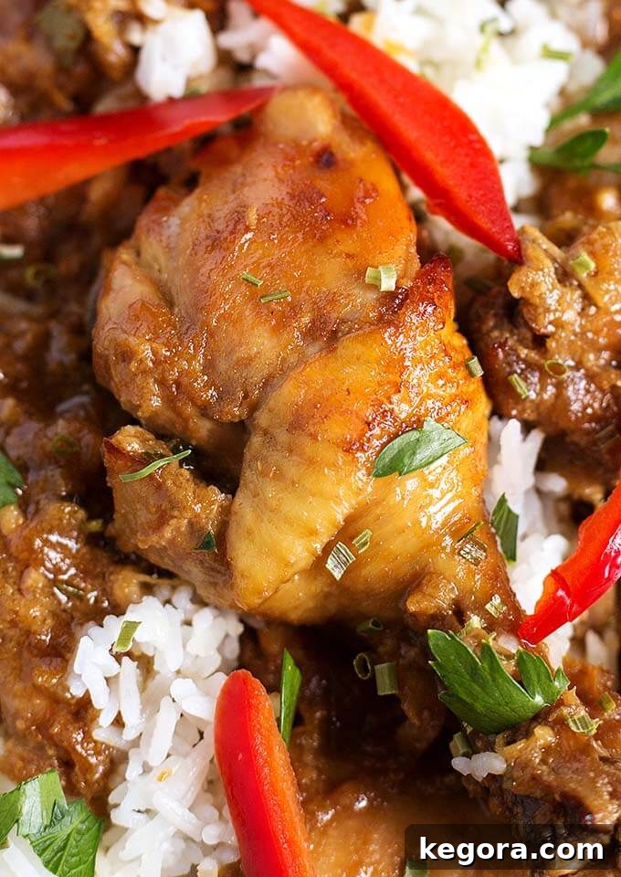 A close-up shot of Instant Pot Chicken Adobo Filipino served with fluffy white rice, highlighting the rich, glossy sauce and tender chicken pieces.