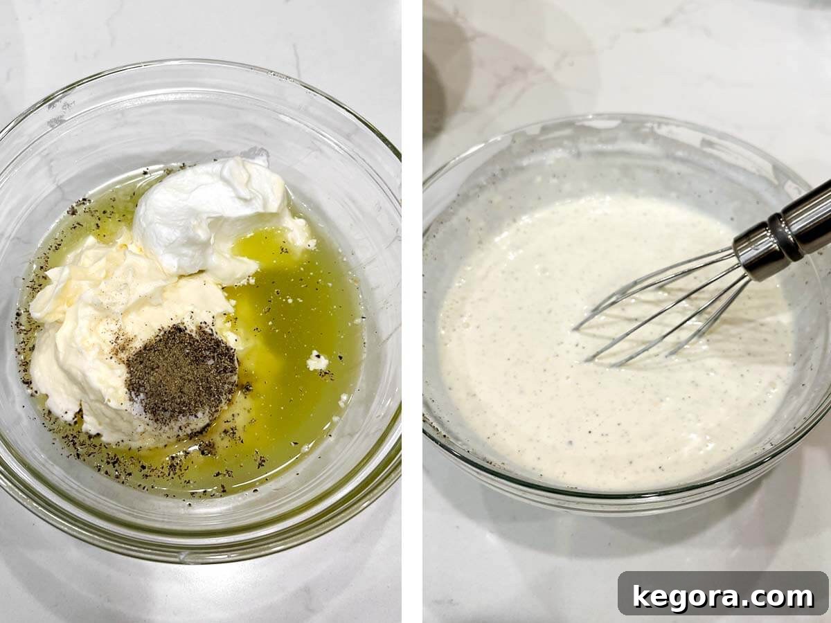 Zesty Dill Pickle Pasta Delight 7 dressing ingredients in glass bowl, whisking dressing.