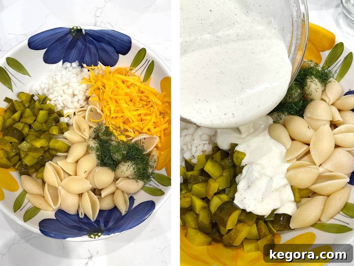 Zesty Dill Pickle Pasta Delight 8 Dill Pickle Pasta Salad ingredients added to bowl, pouring dressing over ingredients.