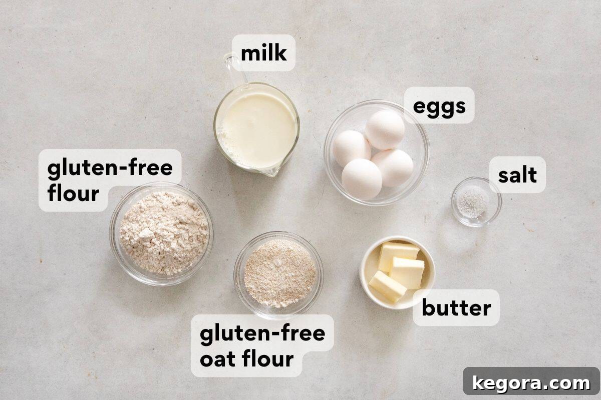 Perfectly Puffed Gluten-Free Popovers 3 popover ingredients measured and labeled.