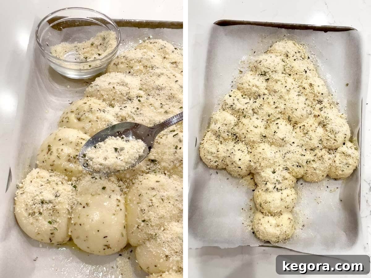spooning parmesan on roll dough, assembled uncooked tree of dough balls.