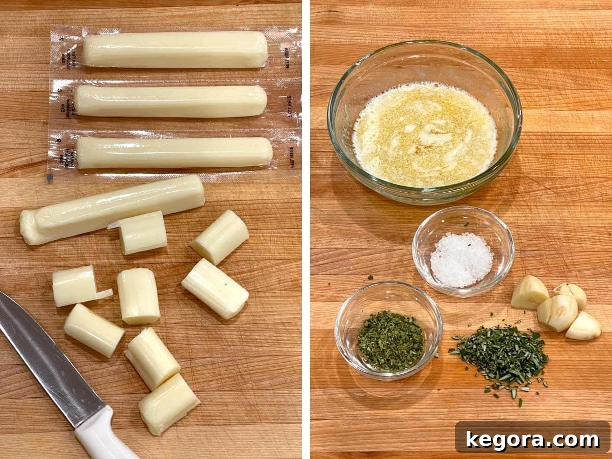 cutting mozzarella stickes into 1-inch pieces, ingredients for seasoned melted butter on a board.