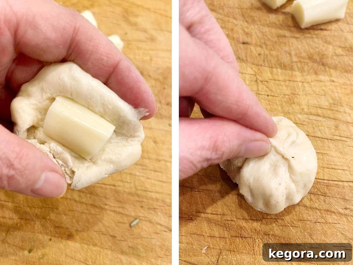 filling dough ball with chunk of cheese.