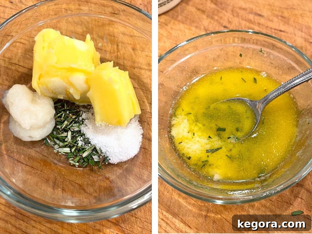 herb butter ingredients in bowl, stirring melted butter.