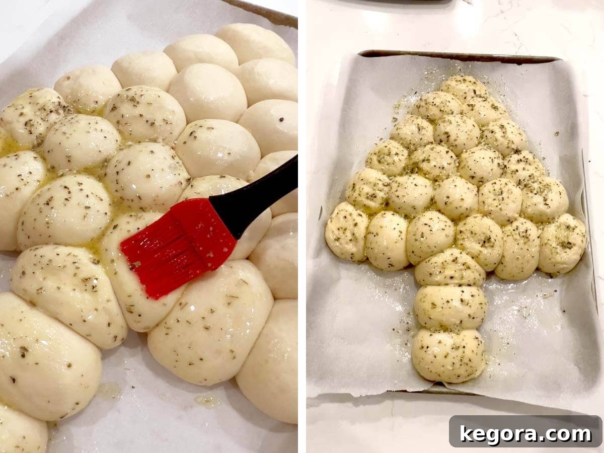 brushing melted butter on dough balls, dough tree brushed with butter.