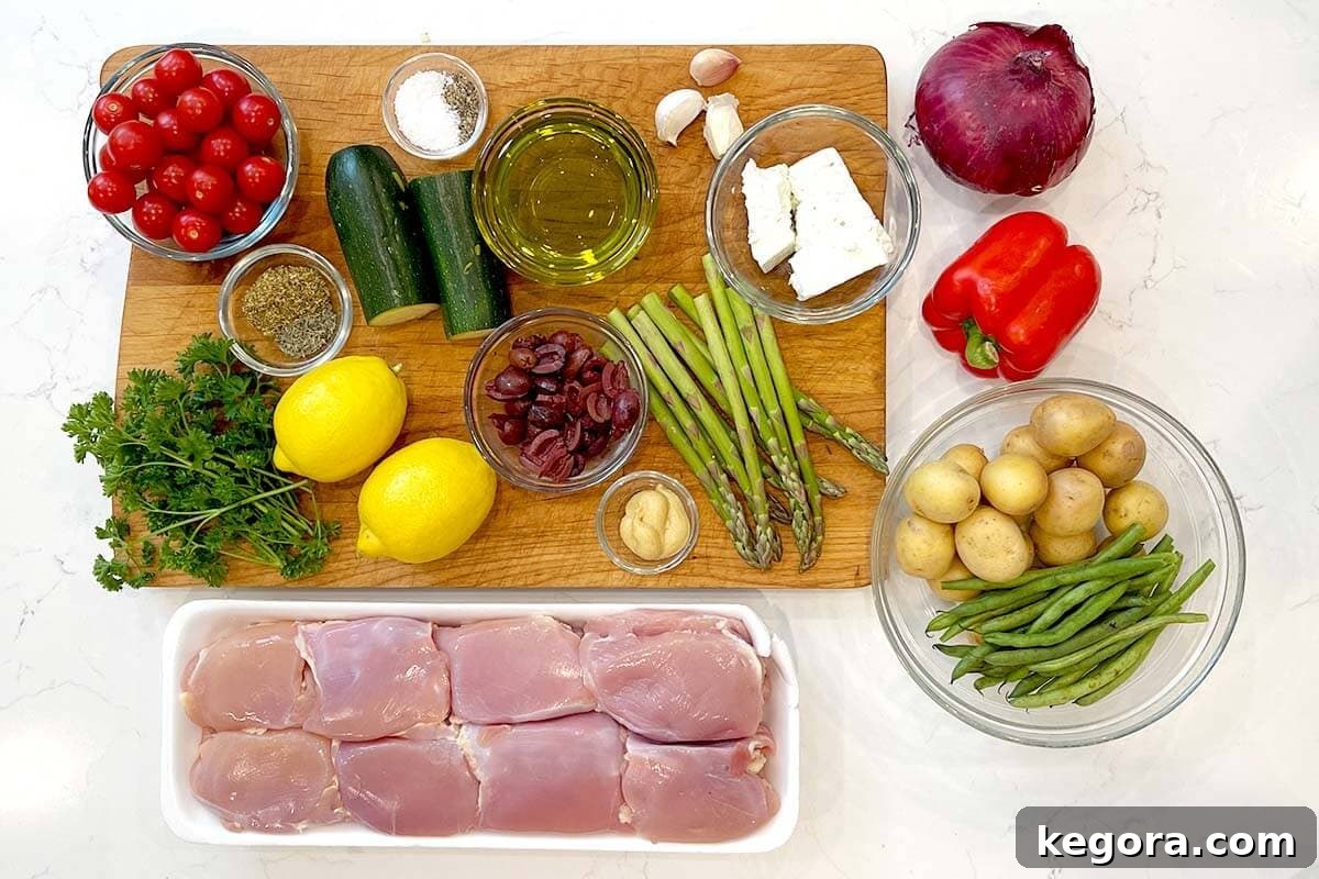 One-Pan Greek Lemon Herb Chicken 4 Greek Sheet Pan Chicken Dinner ingredients shot