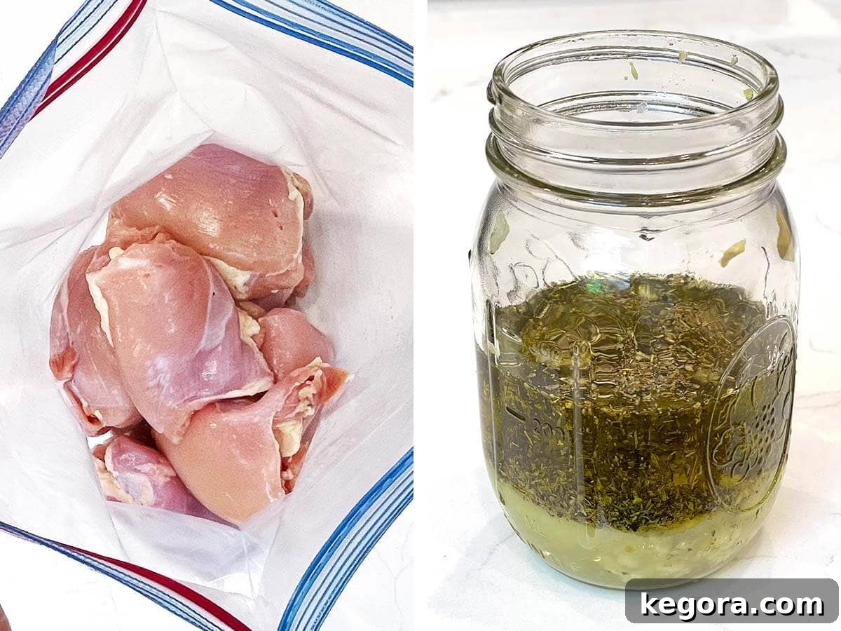 One-Pan Greek Lemon Herb Chicken 5 chicken in baggie, marinade in jar.