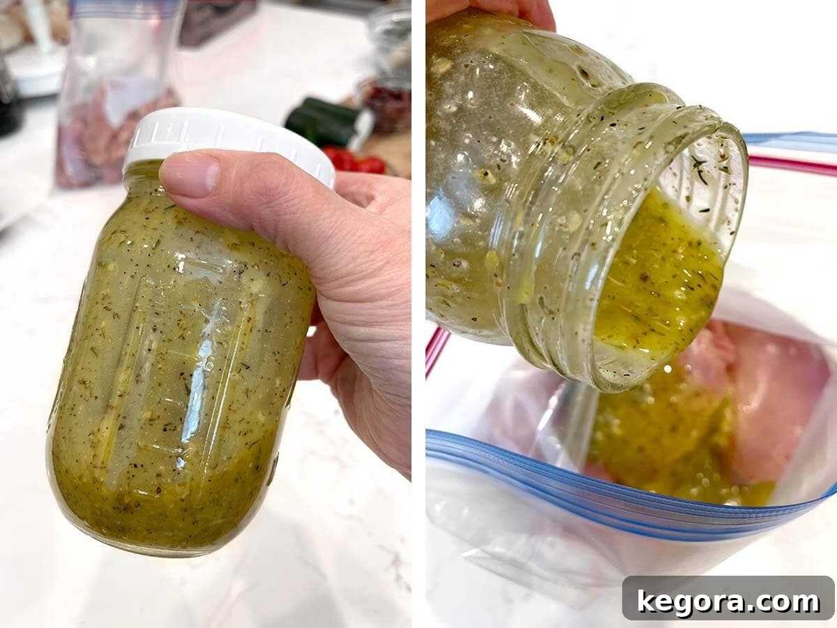 One-Pan Greek Lemon Herb Chicken 6 shaking jar of marinade, pouring marinade into bag of chicken