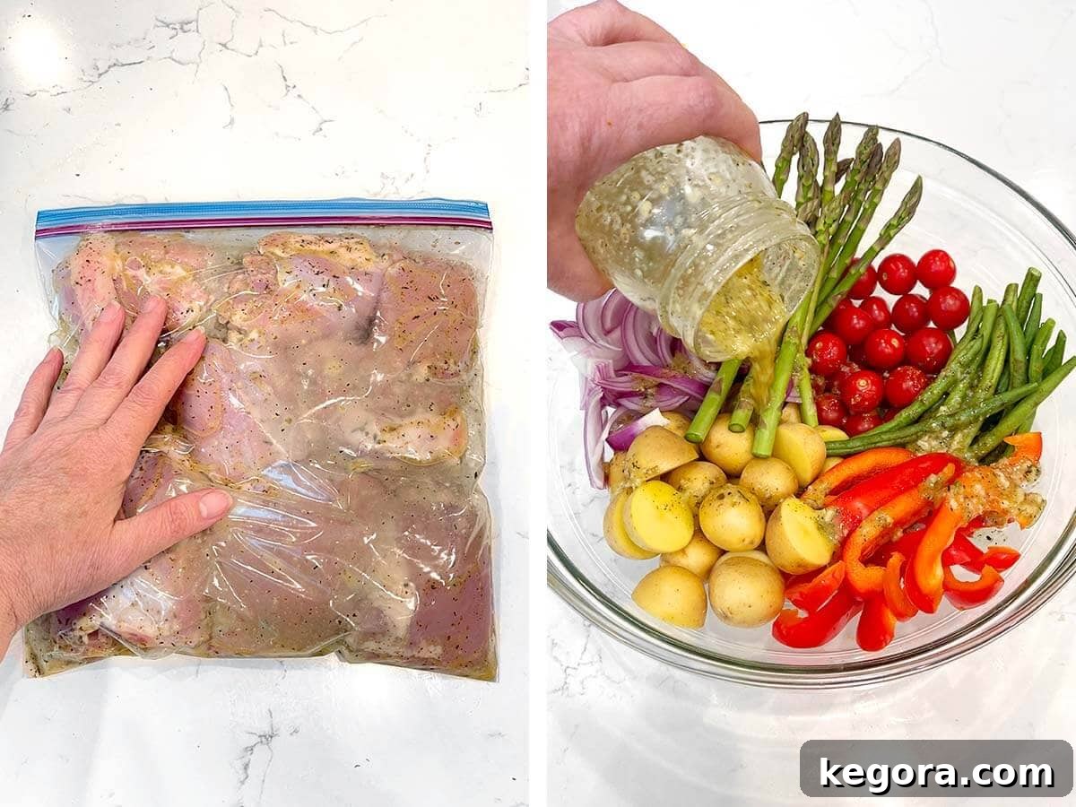 One-Pan Greek Lemon Herb Chicken 7 massaging bag of marinating chicken, pouring marinade on bowl of veggies.
