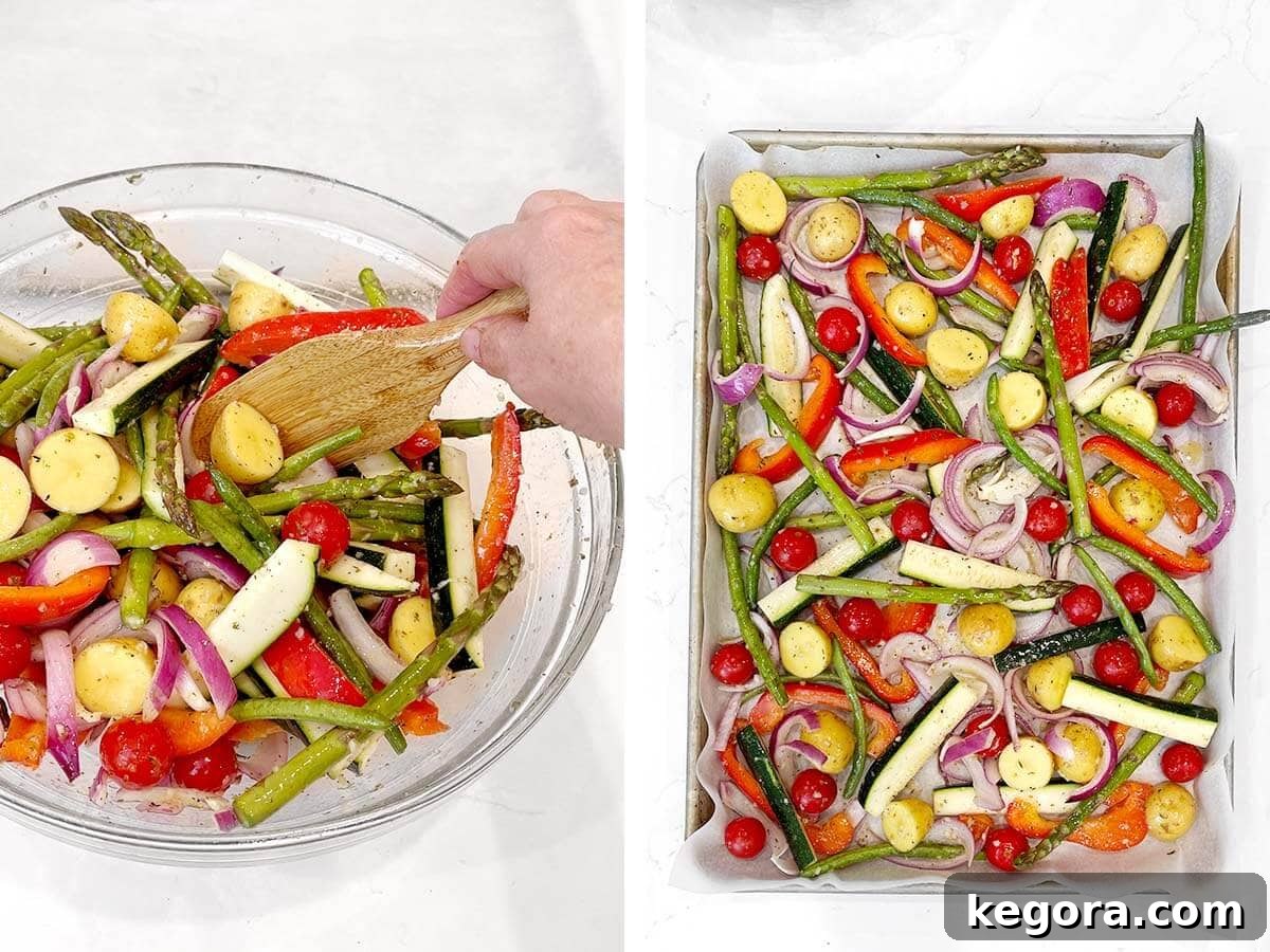 One-Pan Greek Lemon Herb Chicken 8 stirring veggies in bowl, veggies on sheet pan.