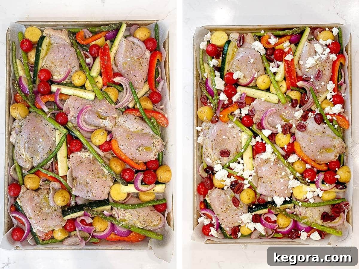 One-Pan Greek Lemon Herb Chicken 9 chicken added to veggies on sheet pan, feta and olives added to the sheet pan.