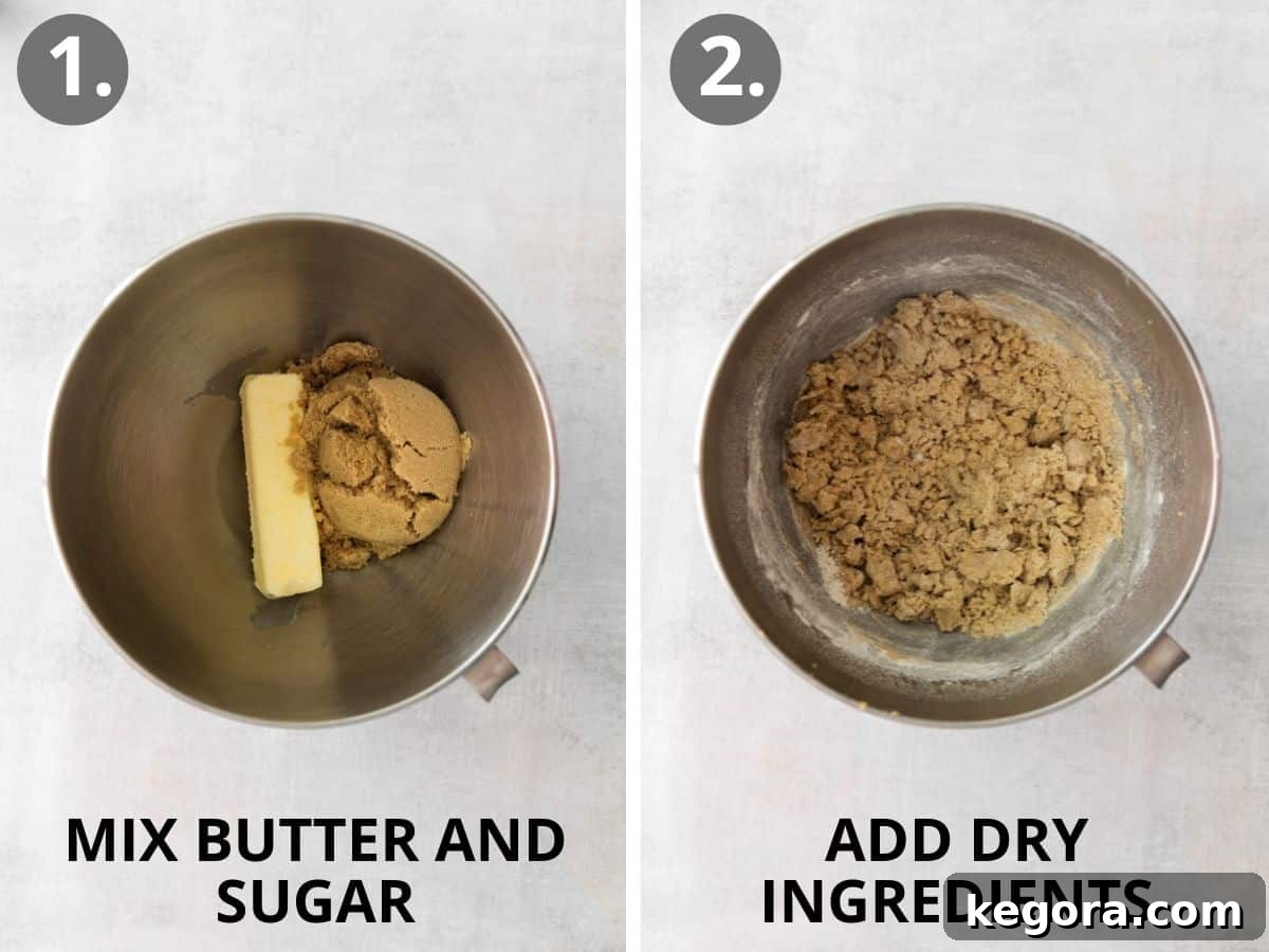 Safe and Scrumptious Gluten-Free Cookie Dough 5 Two sequential images showing the cookie dough preparation: first, softened butter and brown sugar creaming in a mixer; second, cooled gluten-free flour being added to the mixture.