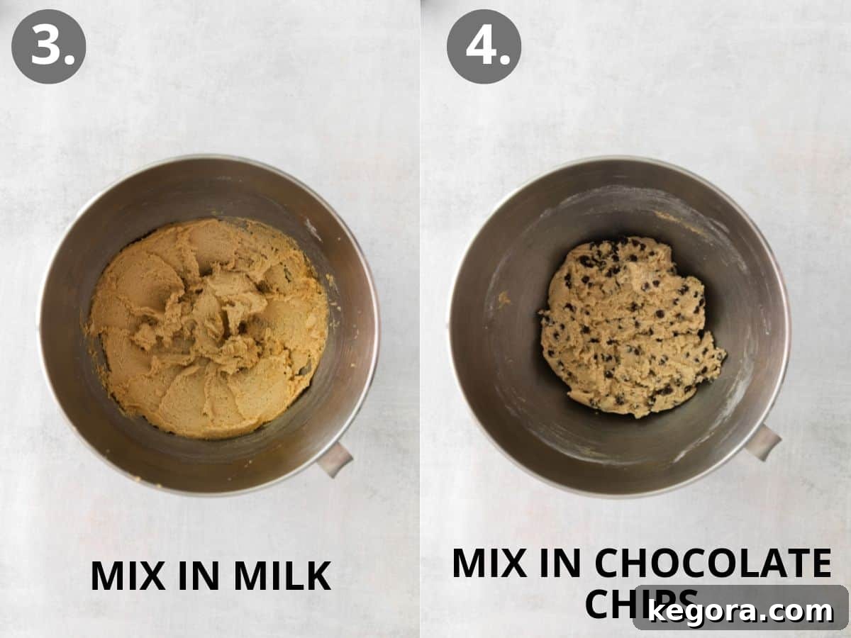 Guiltless Gluten-Free Cookie Dough Cravings 6 Milk being gradually added to the dry ingredients in a mixing bowl to achieve desired consistency, followed by mini chocolate chips being gently folded into the prepared cookie dough.