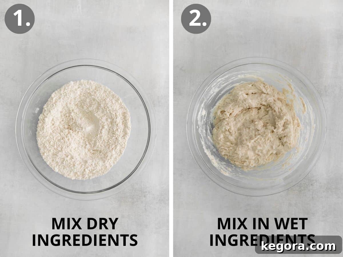 Butter-Dipped Gluten-Free Biscuits 5 Two images side by side: one showing dry ingredients mixed in a bowl, the other showing wet and dry ingredients combined to form a sticky dough.