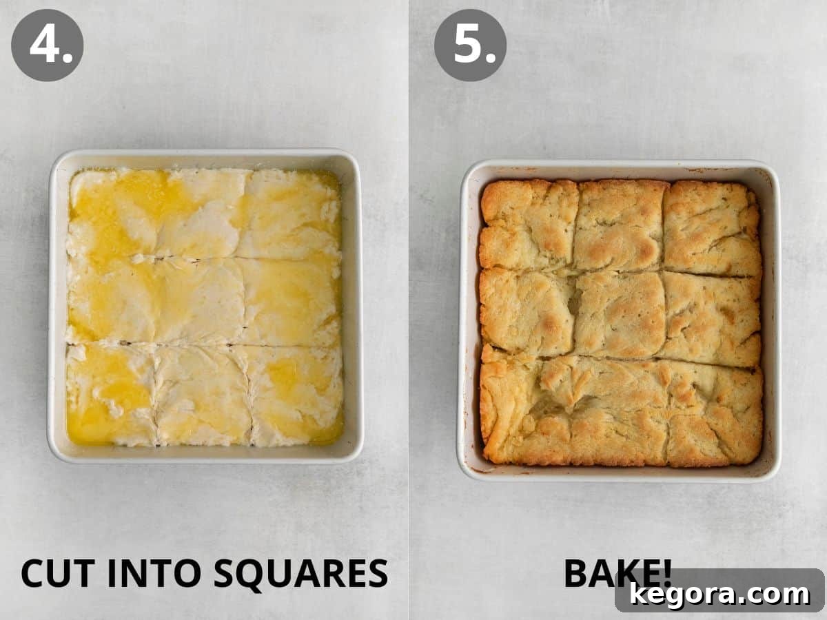 Butter-Dipped Gluten-Free Biscuits 7 Two images: one showing raw biscuit dough scored into squares in a pan, and the other showing golden-brown, baked gluten-free biscuits in the same pan.