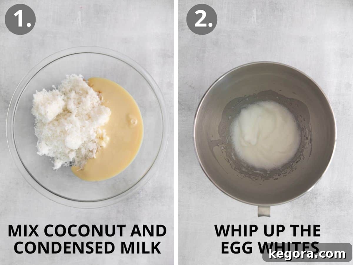 Golden Coconut Cloud Cookies 5 Unmixed coconut macaroon ingredients in a bowl, with whipped egg whites in a stand mixer bowl