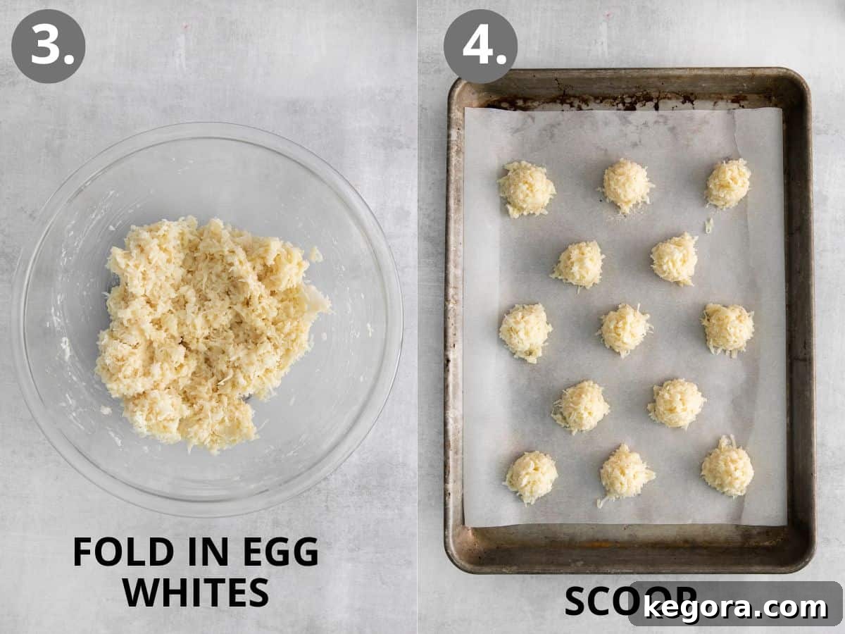 Golden Coconut Cloud Cookies 6 Coconut macaroon batter mixed in a bowl, and scooped portions on a baking sheet