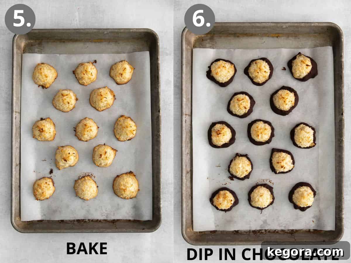 Golden Coconut Cloud Cookies 7 Baked gluten-free macaroons on a baking sheet, and some dipped in melted chocolate