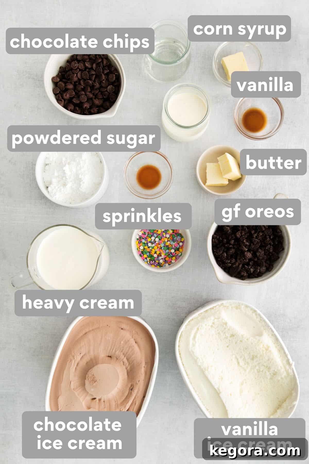 Ingredients for the gluten-free ice cream cake neatly arranged on a countertop.