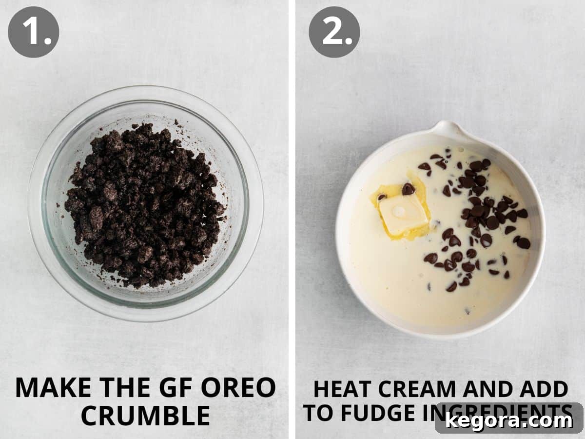 Ingredients for cookie crumble in a bowl, alongside cream and fudge heating in a pot, demonstrating preparation steps for the gluten-free ice cream cake.