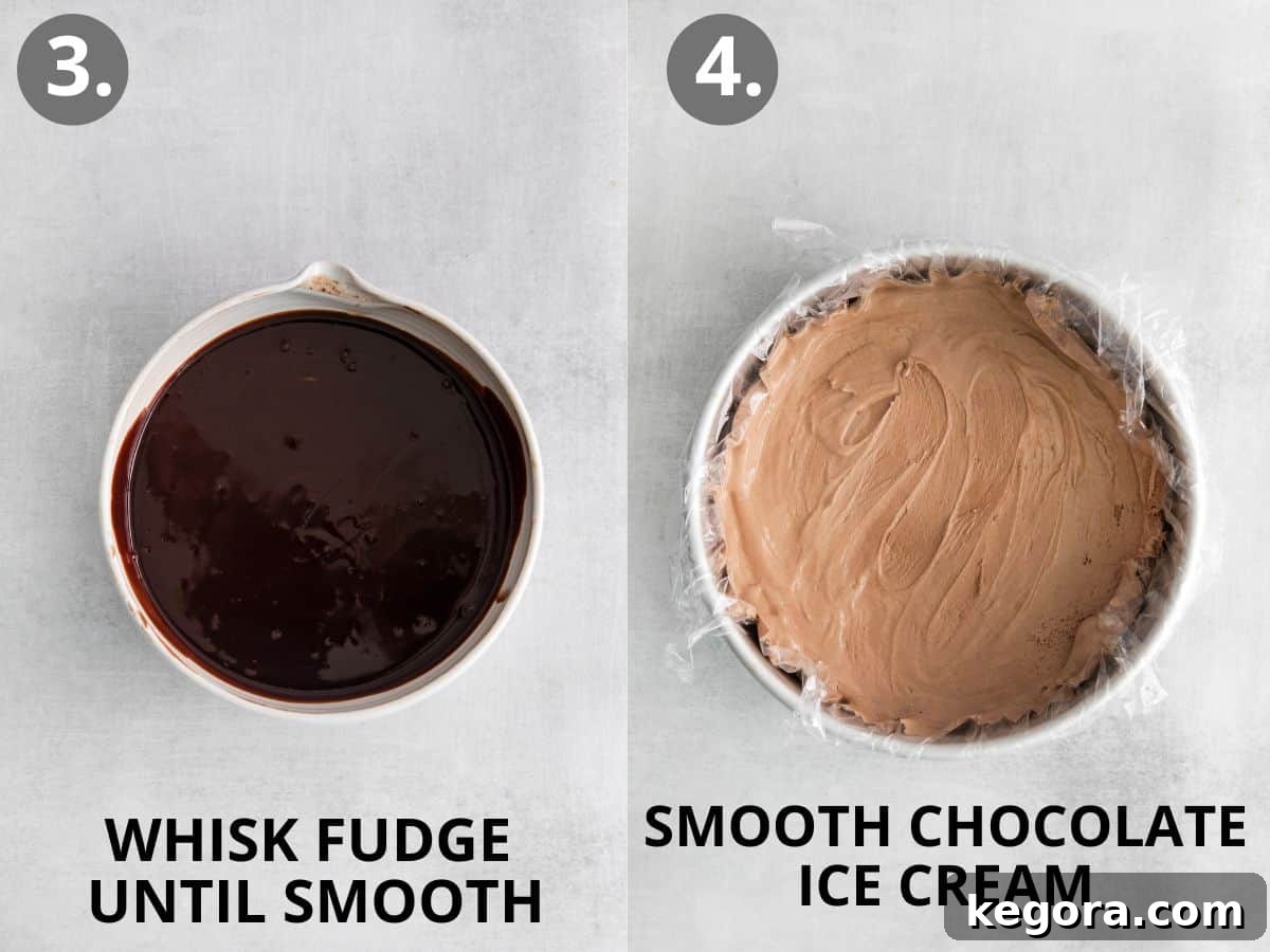 Melted fudge and heavy cream being whisked together in a pot, with a layer of chocolate ice cream already spread in the cake pan, illustrating the next stage of ice cream cake assembly.