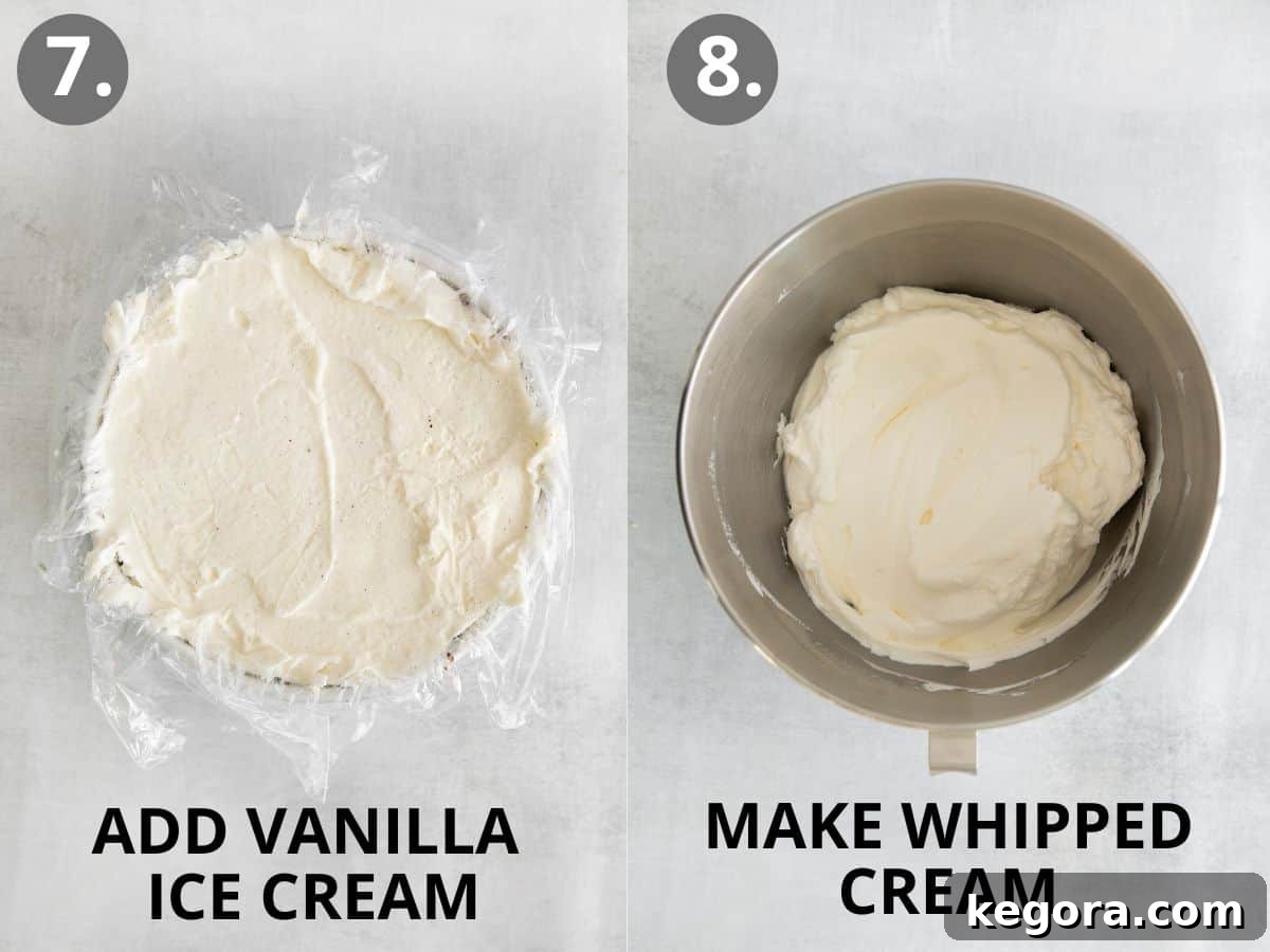 A smooth layer of vanilla ice cream added atop the fudge and cookie crumbs, next to a stand mixer bowl filled with freshly whipped cream, signaling the final stages of the cake's creation.