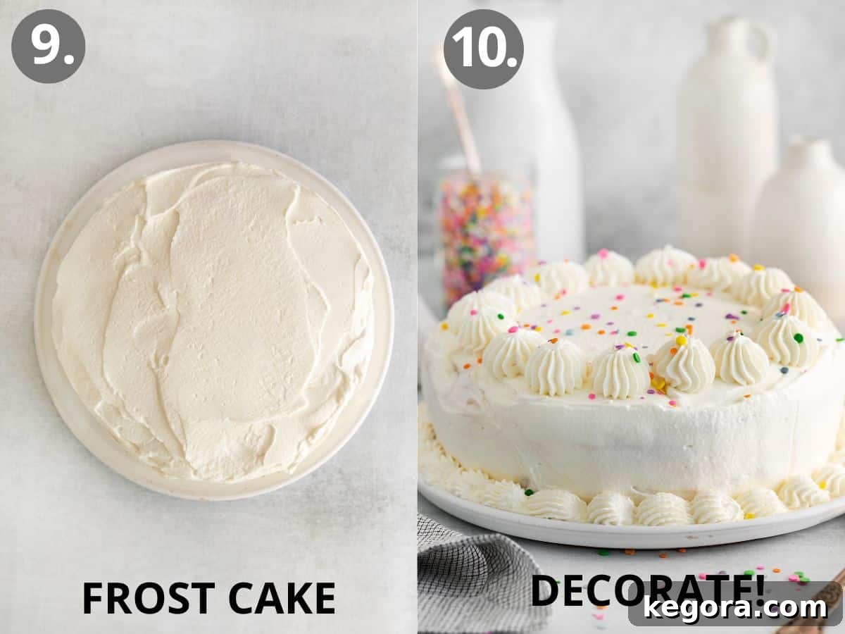 A freshly frosted and decorated gluten-free ice cream cake on a countertop, ready for serving.